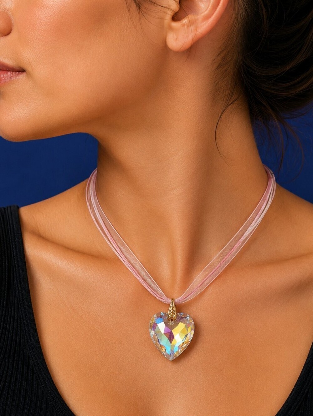Vintage Irridescent Prism Heart Pendant Ribbon Necklace